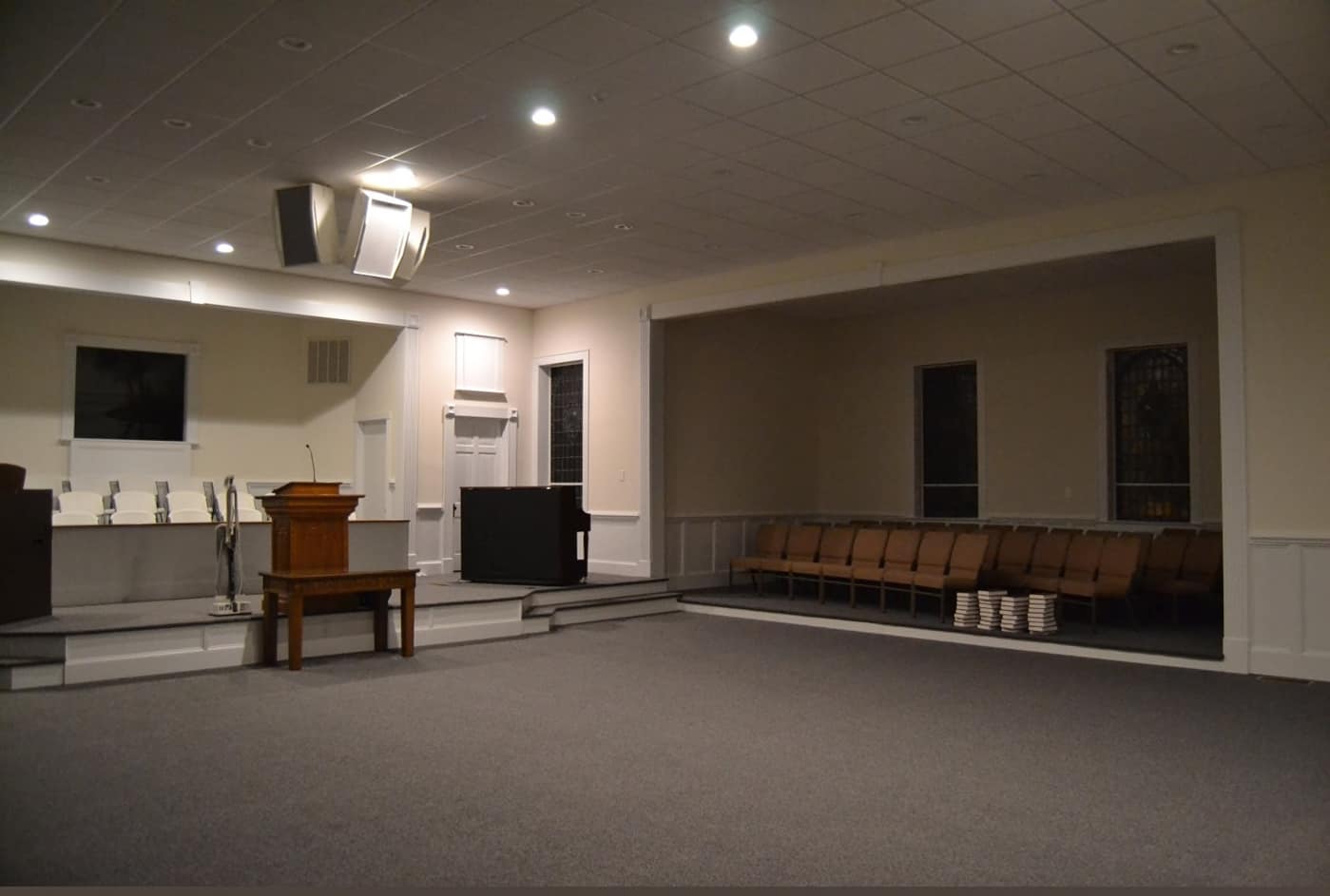 Renovated Sanctuary and Seating Area (2014) Renovated seating area and pulpit view inside Rawls Baptist Church following 2014 sanctuary updates.