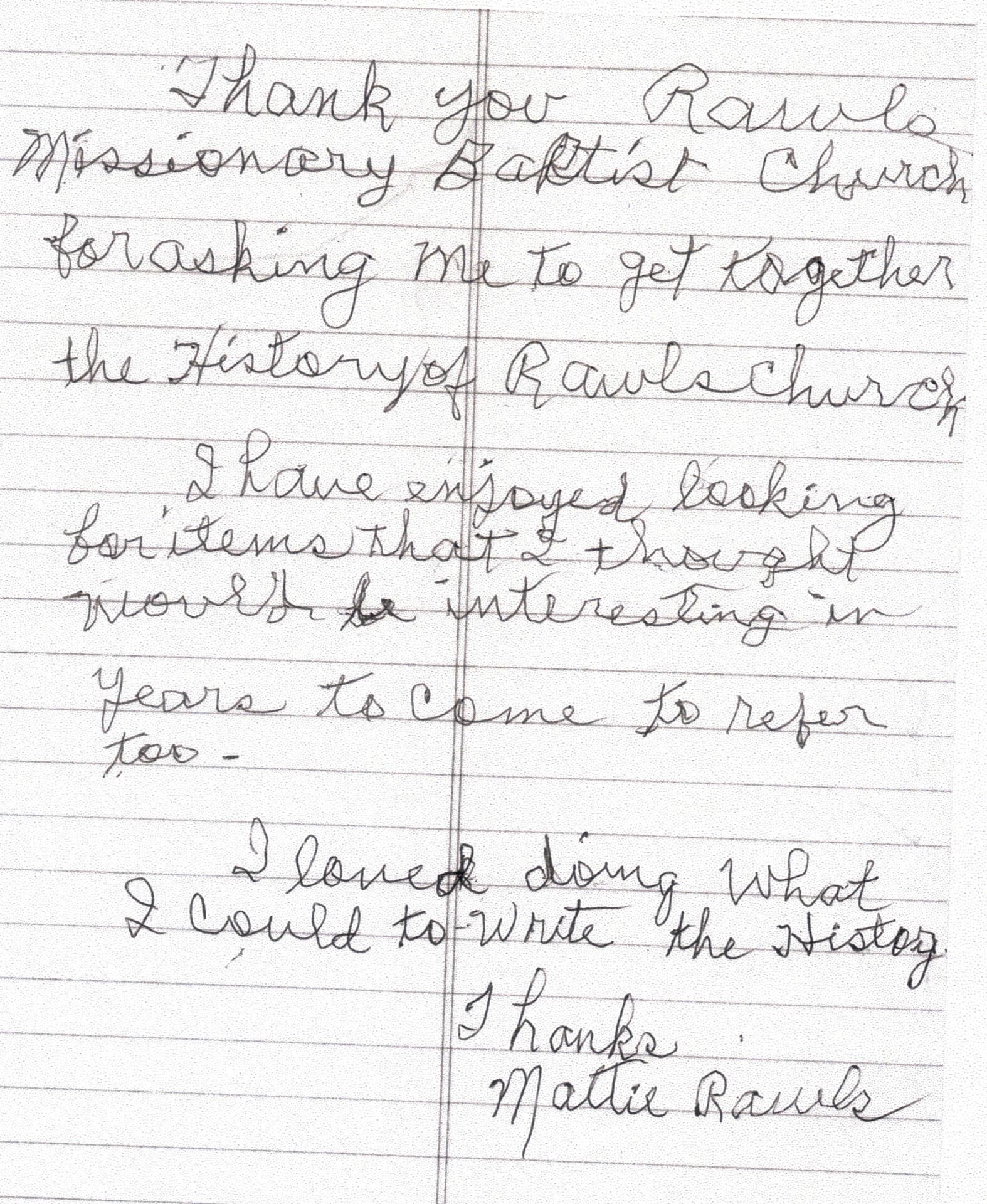 2012 – Mattie Rawls Letter A thank you letter written by Mattie Rawls, church historian, documenting the early years and memories of Rawls Baptist Church.
