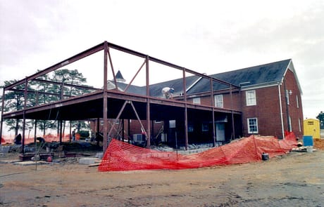 Framing the New Addition, 2005 Steel beams erected to form the two-story structure of the Rawls Baptist Church expansion project.