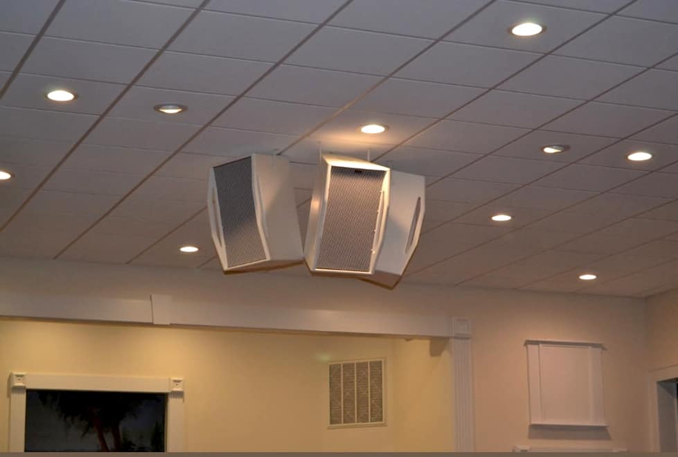 New Sound System and Ceiling Installation (2014) Overhead view of new ceiling-mounted speakers and recessed lighting installed at Rawls Baptist Church during the 2014 renovation.