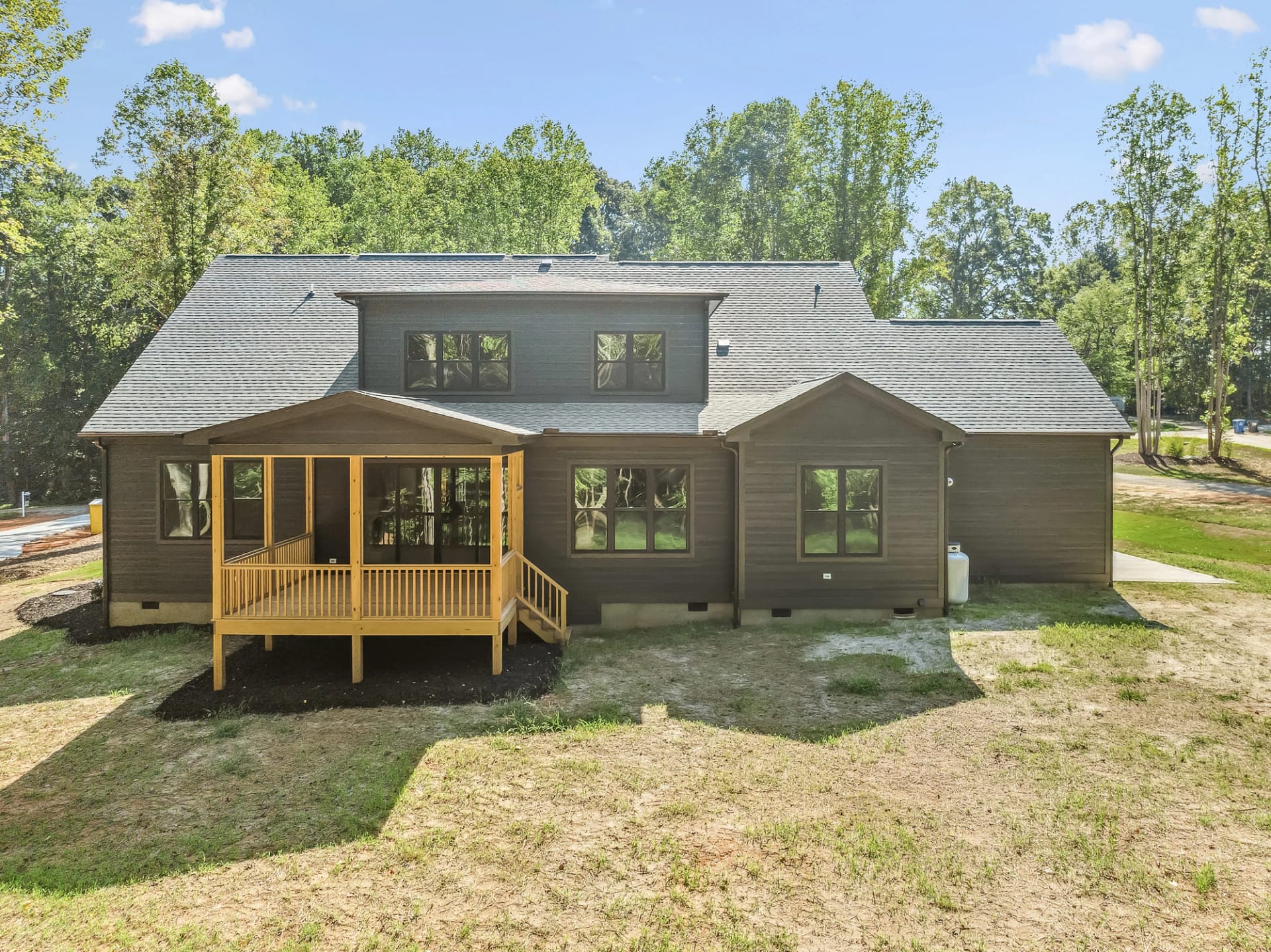 Rear exterior of a new construction home in Holly Springs, North Carolina