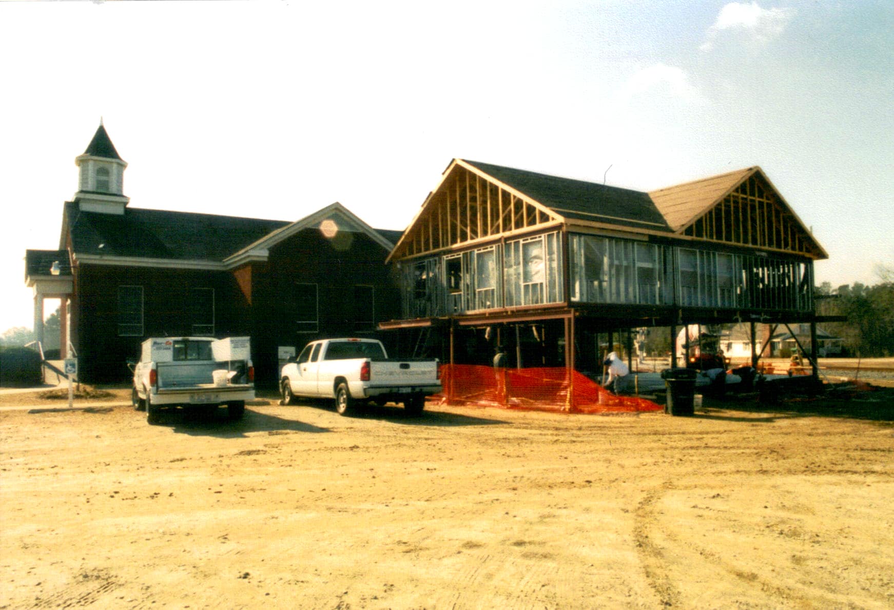 Framing the Fellowship Wing, 2005 Roof trusses installed over the steel framework during construction of the 2005 Rawls Baptist Church addition.