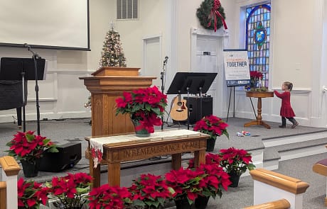 Rawls Sanctuary Decorated for Christmas Rawls Baptist Church Sanctuary decorated with Christmas decorations and poinsettia flowers