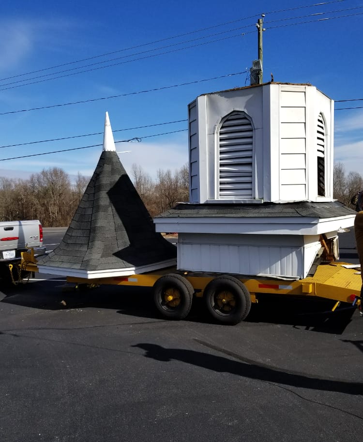 Old Steeple Removed and Prepared for Replacement (2018) Original Rawls Baptist Church steeple removed and placed on a trailer in 2018 during church exterior restoration project.