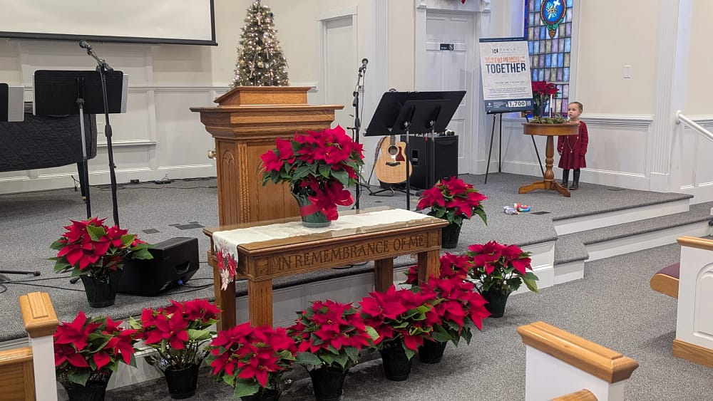 Rawls Baptist Church Sanctuary decorated with Christmas decorations