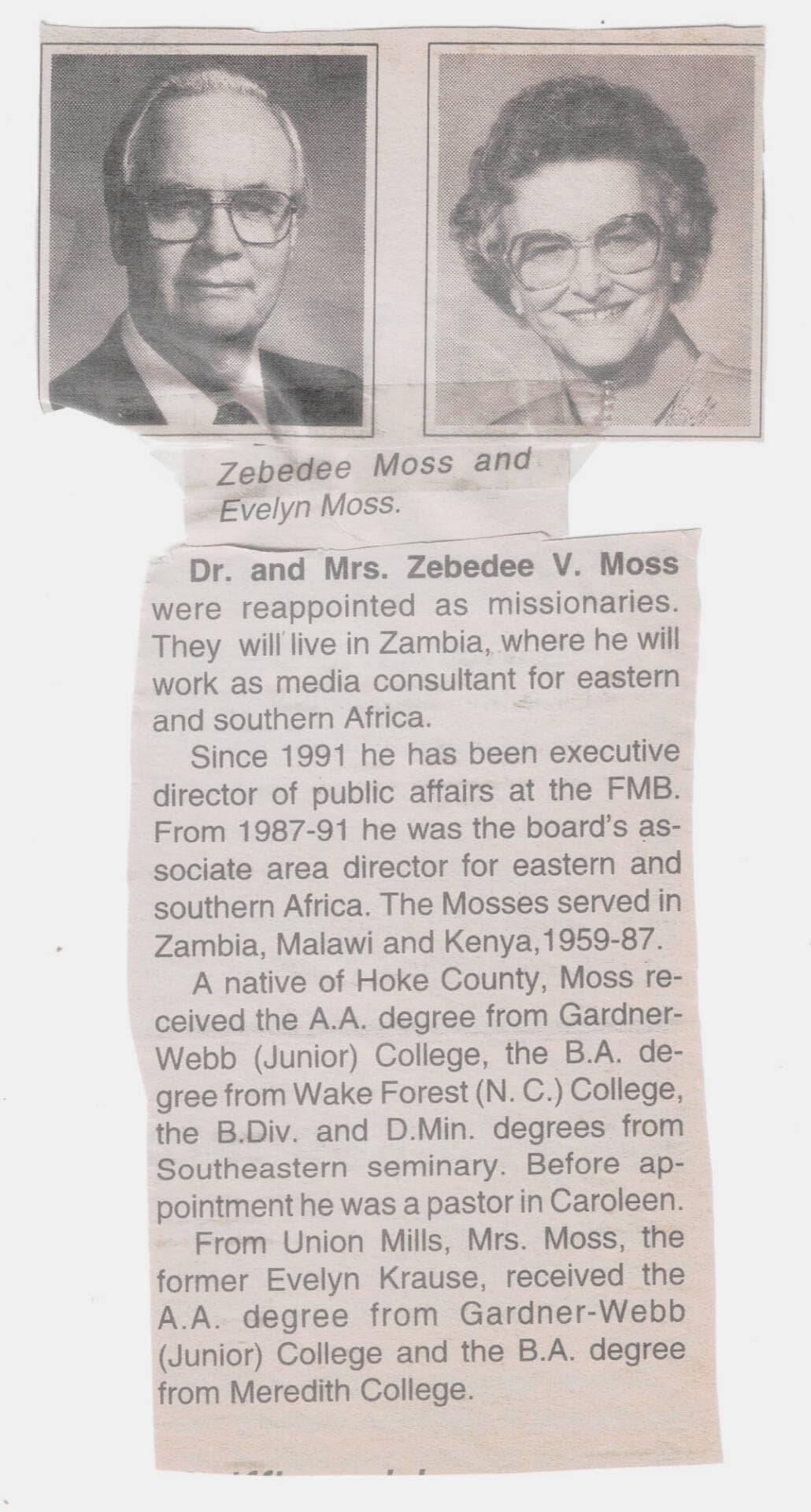 Newspaper clipping announcing the marriage of Rev. Zeb Moss and Evelyn Krause, leaders in the Rawls Baptist Church community, 1955.