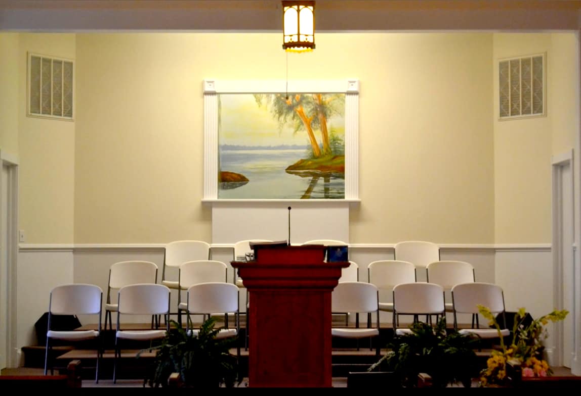 The baptistry painting at Rawls Baptist Church in Fuquay-Varina, NC — a gift from Kenneth and Evelyn Bradley in honor of their parents, Rex and Sallie Muriel Bradley and Ralph and Hazel Pleasant. The baptistry itself was provided as a memorial to Mr. Floyd Sherman by his children.