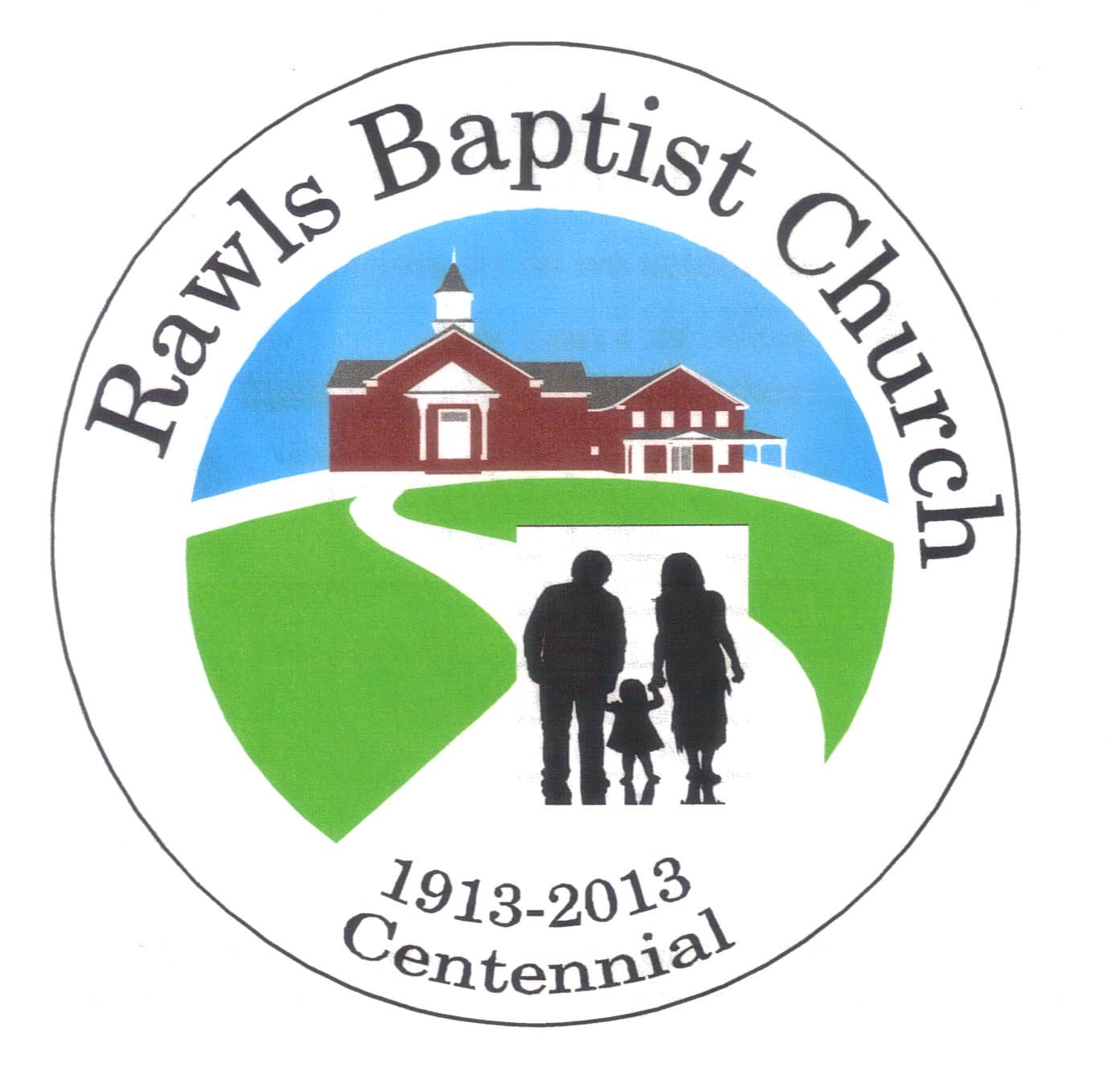 Rawls Baptist Church Centennial logo showing church building with a family walking toward it, commemorating 100 years of ministry from 1913 to 2013.