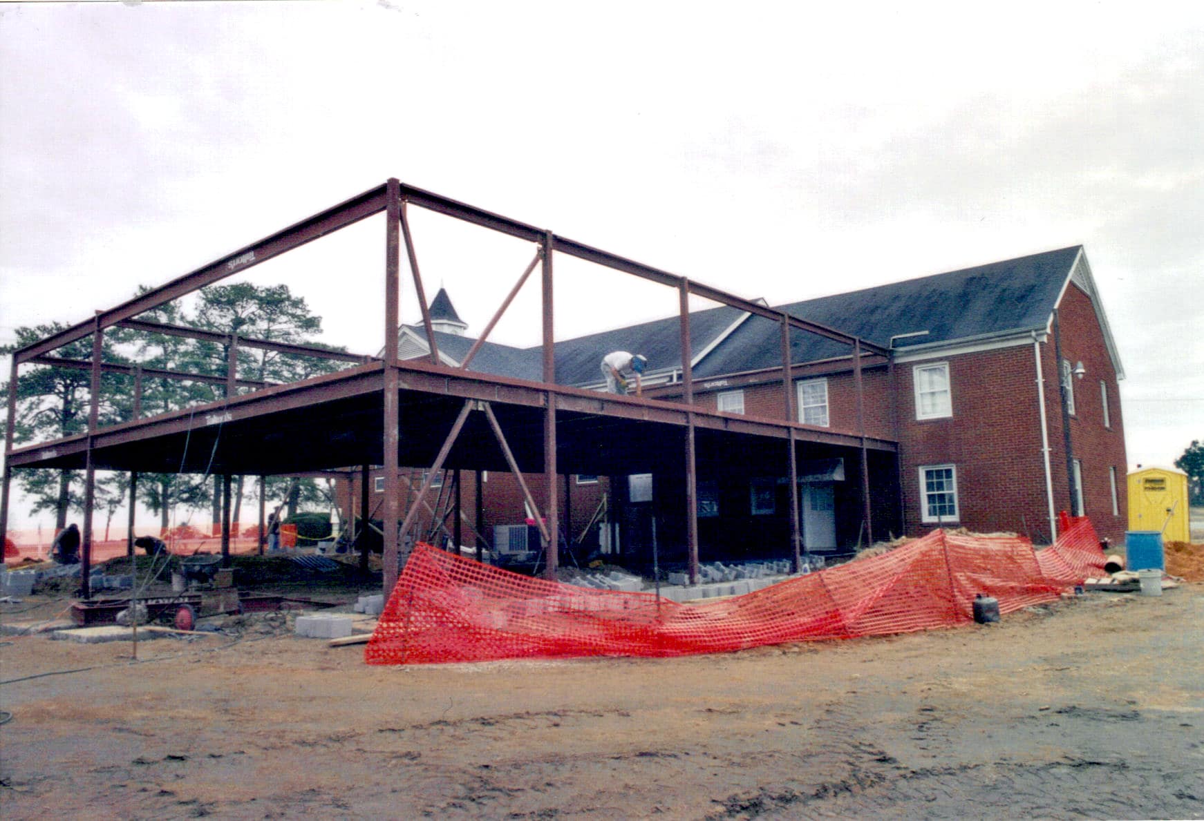 Framing the New Addition, 2005 Steel beams erected to form the two-story structure of the Rawls Baptist Church expansion project.