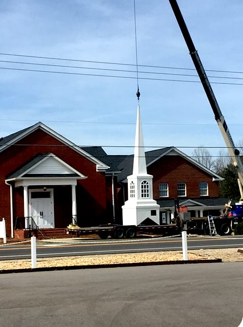 New Steeple Delivered for Installation (2018) New white steeple delivered by crane for installation at Rawls Baptist Church in 2018, marking the next phase of renovation.
