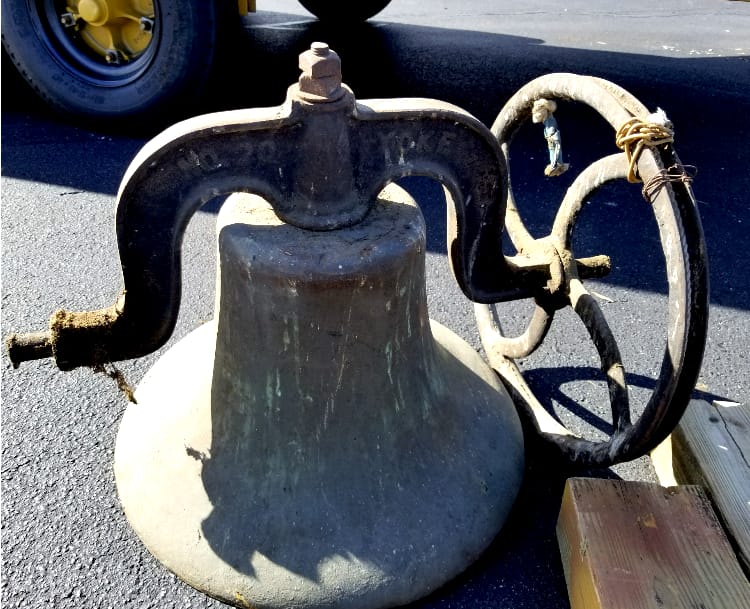 Historic Church Bell Before Reinstallation (2018) Historic church bell from Rawls Baptist Church removed in 2018 as part of steeple replacement and preservation effort.