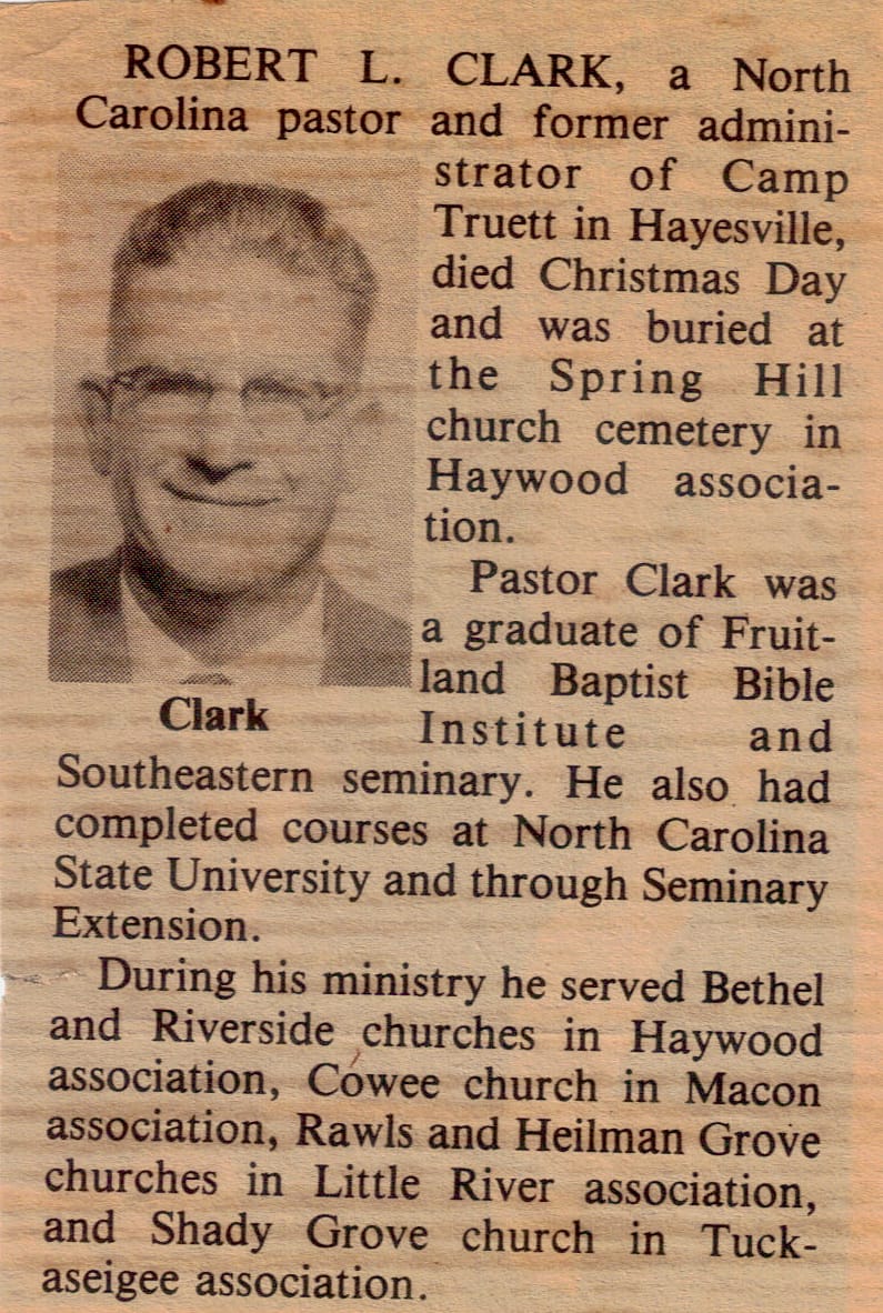 Newspaper clipping highlighting the ministry of Rev. Robert L. Clark at Rawls Baptist Church, 1978.