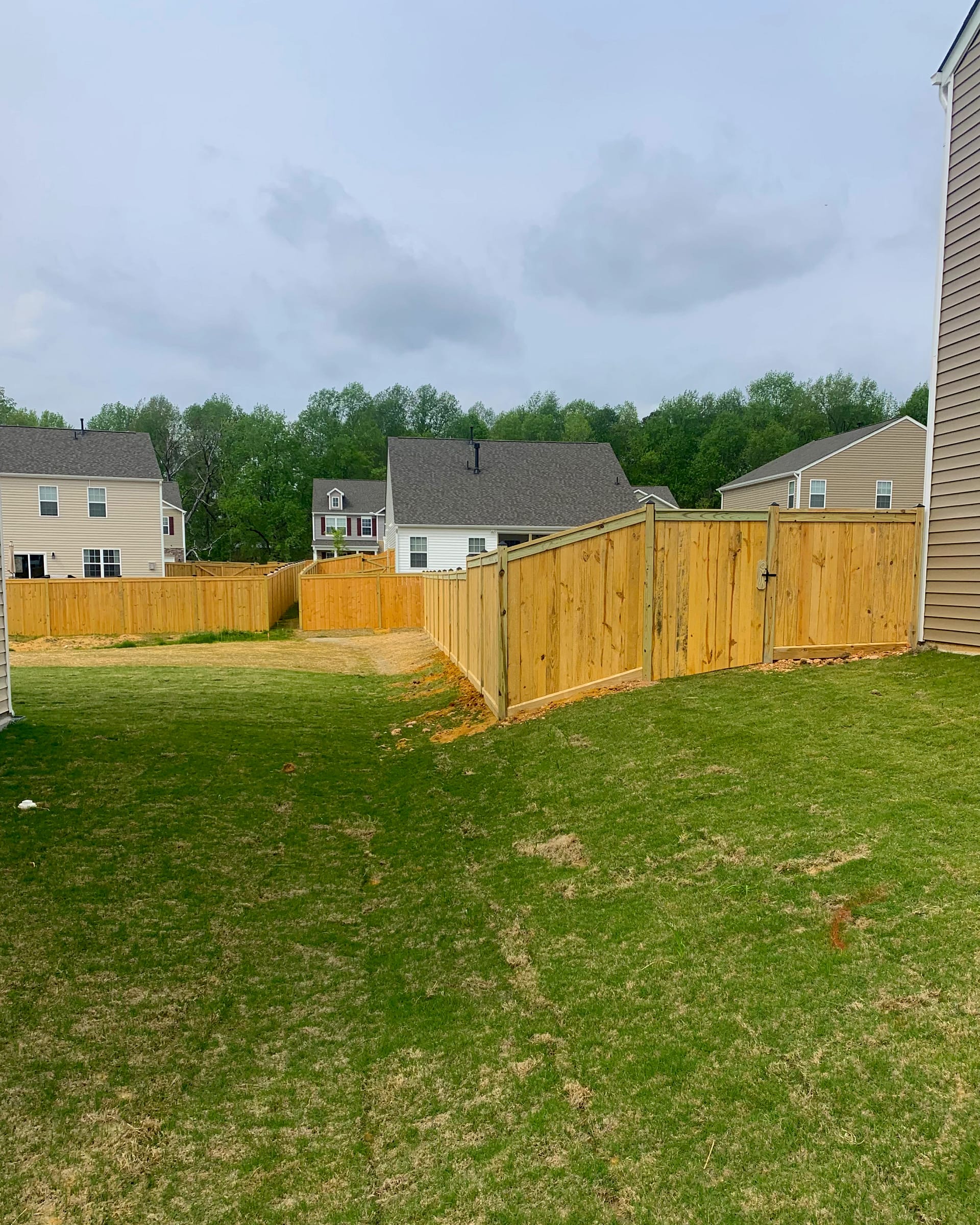 Cedar privacy fence built on a sloped backyard, stepped to follow the grade cleanly.